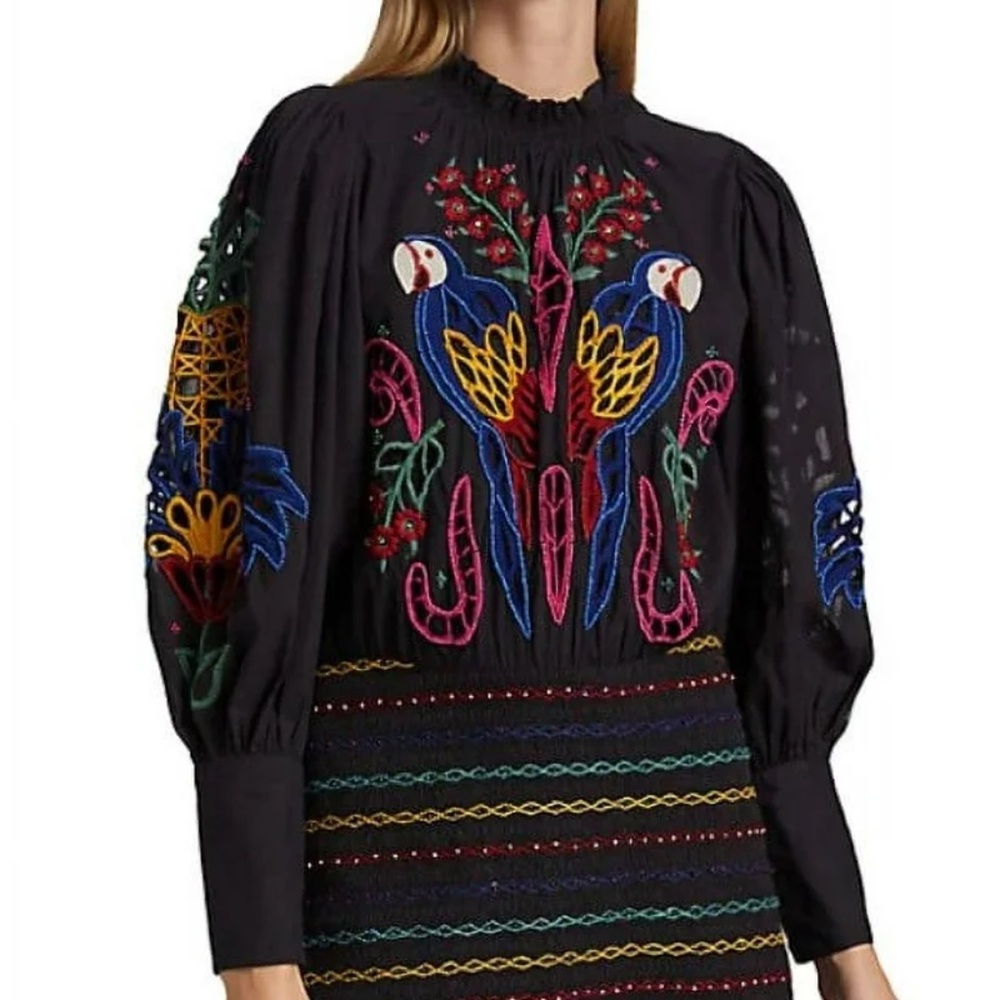 FarmRio Black Tropical Tapestry Embroidered Mini Dress size M